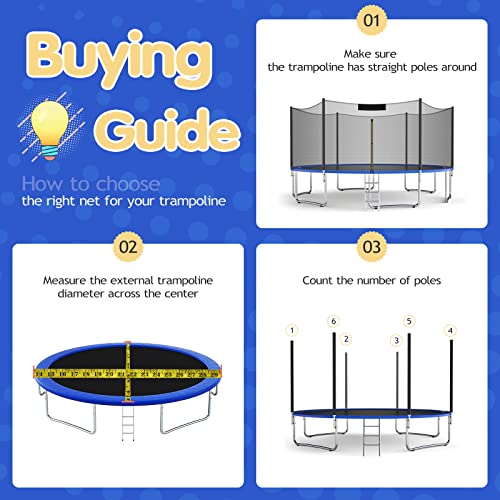 GYMAX Trampoline Net, Enclosure for 8 10 12 14 15 16Ft Round Trampolines - style: Outside Net 12FT 8Poles