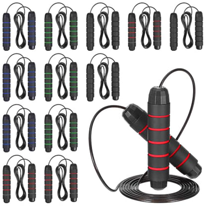 12 Pieces Jump Rope for Fitness with Ball Bearings Speed Jumping Adjustable Skipping Rope Foam Handles Cardio Training Slim Body Red Black Blue Green
