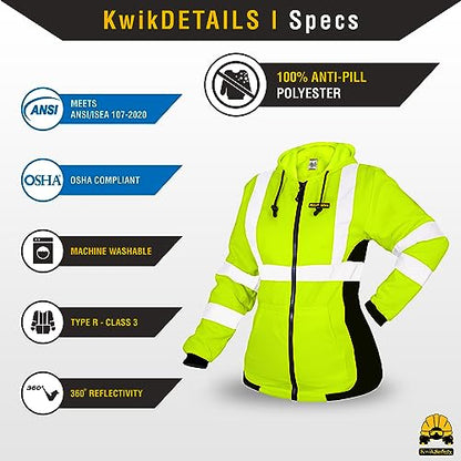 KwikSafety Women's Fleece Safety Hoodie Class 3 ANSI OSHA PPE - color: Yellow, size: Large