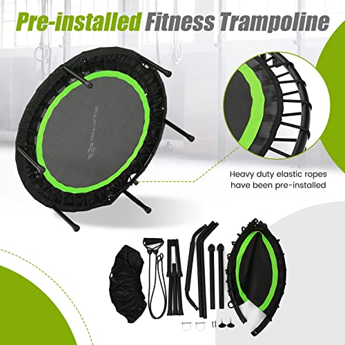 Goplus 40” Folding Fitness Trampoline, Portable Mini Exercise Rebounder 4-Level Height Adjustable Safety Handrail, 2 Resistance Bands, Indoor Outdoor Workout Trampoline for Adults Kids (Green)