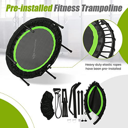 Goplus 40” Folding Fitness Trampoline, Portable Mini Exercise Rebounder 4-Level Height Adjustable Safety Handrail, 2 Resistance Bands, Indoor Outdoor Workout Trampoline for Adults Kids (Green)