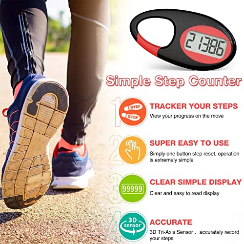 Simple 3D Step Counter, Walking Pedometer, Steps Tracker with Neck Lanyard/Carabiner for Men Women Teens Adults Seniors - color: Black-red