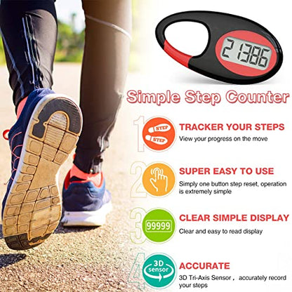 Simple 3D Step Counter, Walking Pedometer, Steps Tracker with Neck Lanyard/Carabiner for Men Women Teens Adults Seniors - color: Black-red