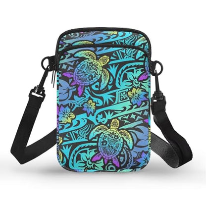 Hawaiian Tribal Small Crossbody Bags for Women Cell Phone Bag Purse, Sea Turtle Zipper Sling Purses Shoulder Bag - color: Neon Aqua Blue Turtle