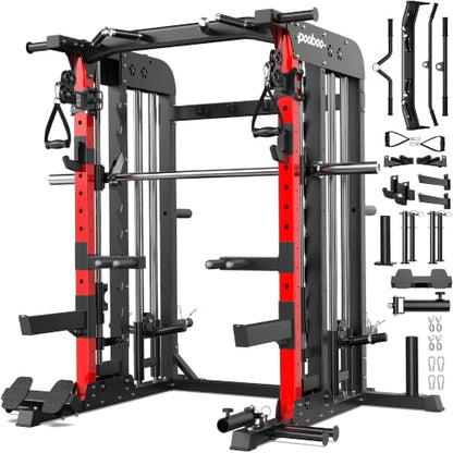 pooboo Power Cage Smith Machine with 2000LB Squat Rack Cable System