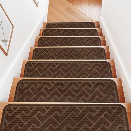 15Pack 8"×30" Carpet Stair Treads,Non Slip Stair Runner,Wooden Steps Brown - color: Brown