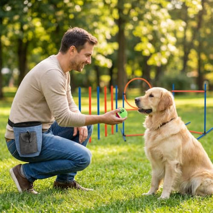 5 in 1 Dog Agility Equipment Set, Complete Agility Training Equipment Kit with Dog Tunnel, Adjustable Jump Hurdle, Jump Ring, Weave Poles & Pause Box, Portable Plastic Pet Obstacle Training Gear
