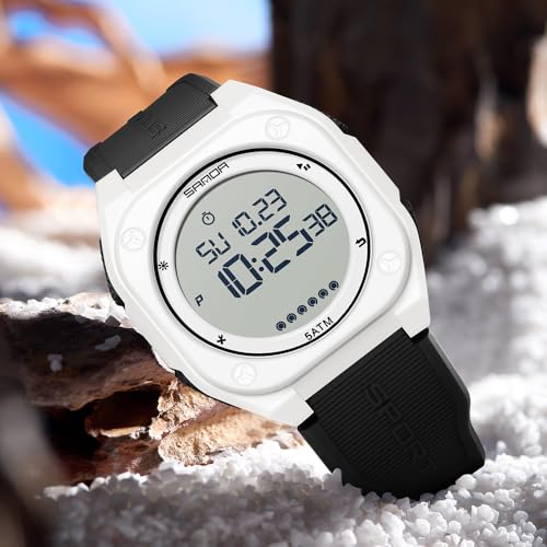 FANMIS Men's Digital Sports Watch Big Face Stopwatch Outdoor Rubber Strap - color: White Black