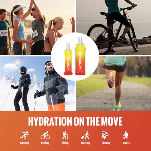 WRELS TPU Soft Flask Lightweight Portable Reusable Water Bottle,BPA Free Collapsible Flask for Hydration Pack in Running Hiking Cycling and Marathon - color: Yellow&Orange-500ml*2