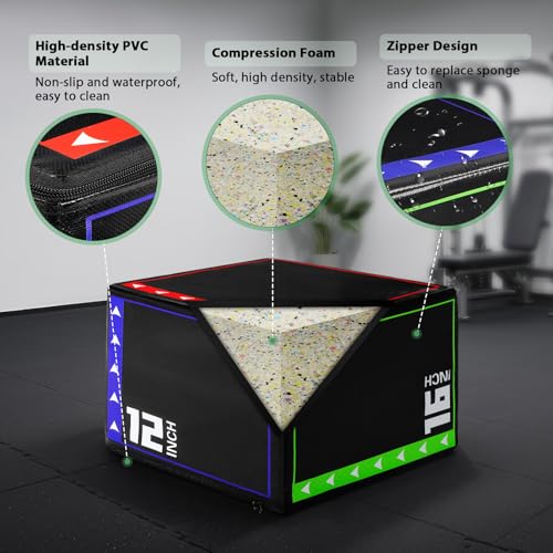 3-in-1 Plyometric Box Set (12/16/20/24/30") - High-Density EPE & Compressed Foam Jump Box for Home Gym, HIIT & CrossFit - Non-Slip Box Jumps, Step-Ups, Squats, Hip Thrusts - size: 12'' x 14'' x 16''（Compressed Foam）