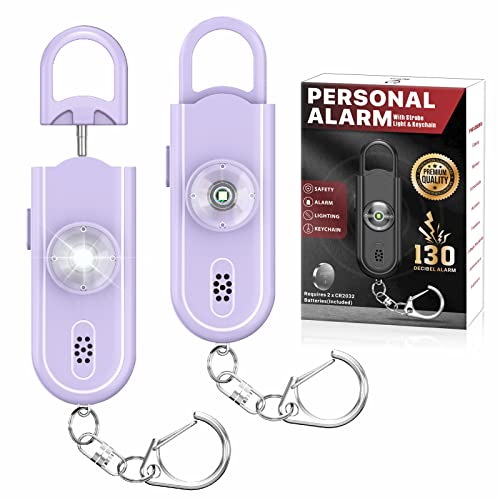 Personal Safety Alarm Keychain for Women 2PCS -130 dB Loud Siren with SOS Strobe Light, Flashlight, Double Speakers, Safe Defense Key Chain for Girls Kids Elders Emergency Call - color: Lavender