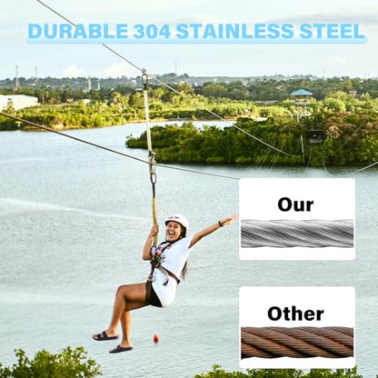 1/4 Stainless Steel 200ft 304 Aircraft Cable with 6400lbs Tensile Strength, 7x19 Strands Wire Rope with Stainless Cable Clamps & Thimble, Perfect for Yard Zipline, Boat Lifts - size: 200FT