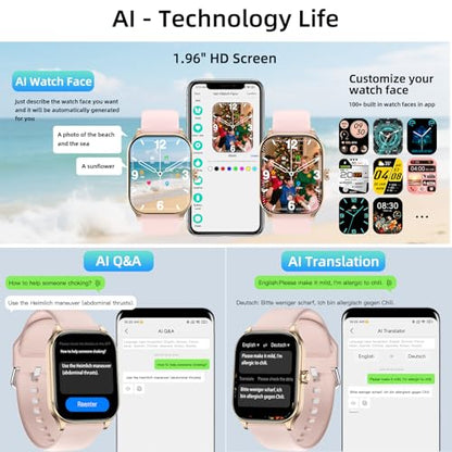 Smart Watch, GPS & Free Maps, 1.96" HD Screen, AI, Bluetooth Call & Text - color: Pink