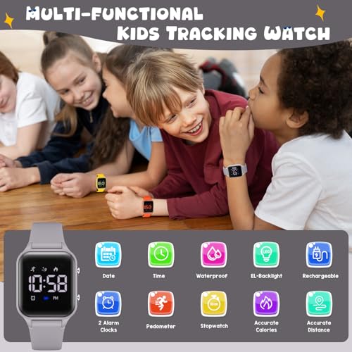 Kids Digital Watches for Boys Girls, Sports Watch with Fitness Tracker, Pedometer, Alarm Clocks, Stopwatch, No App Needed Waterproof Kids Watch, Gift for Teens Student Girls Boys Ages 5-14 - color: L6615E-Grey