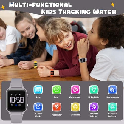 Kids Digital Watches for Boys Girls, Sports Watch with Fitness Tracker, Pedometer, Alarm Clocks, Stopwatch, No App Needed Waterproof Kids Watch, Gift for Teens Student Girls Boys Ages 5-14 - color: L6615E-Grey