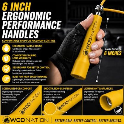 WOD Nation Adjustable Speed Jump Rope For Men, Women & Children - Blazing Fast Fitness Skipping Rope Perfect for Boxing, MMA, Endurance - color: Yellow