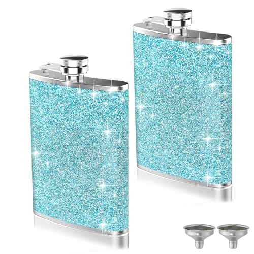 2-Pack 8 Oz Bling Hip Flasks for Liquor, Hianjoo Leakproof Stainless Steel Flasks with Funnel Pocket Flask for Women, Portable Metal Flask for Camping Outdoor Activity Wedding Party Gift, Blue - color: Blue