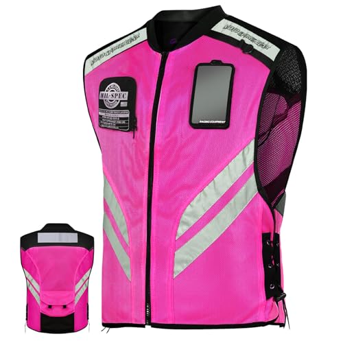 Pink Reflective Motorcycle Cycling Vest, Breathable Safety High Visibility Riding Vest For Women Adjustable Waist - size: Medium