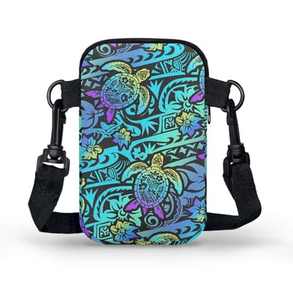 Hawaiian Tribal Small Crossbody Bags for Women Cell Phone Bag Purse, Sea Turtle Zipper Sling Purses Shoulder Bag - color: Neon Aqua Blue Turtle