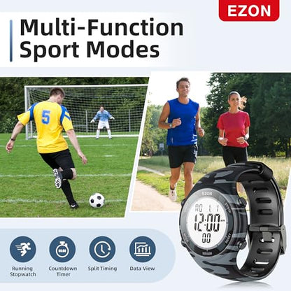 EZON Digital Watch with Stopwatch Countdown Timer Alarm EL Backlight,Ultra-Thin Large Display 5ATM Waterproof Digital Wrist Watches for Men Women - color: Camouflage Blue
