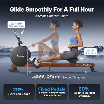 MERACH Pro-Grade Rowing Machines for Home, Smart Magnetic Rowing Machine with Self-Generation, Double Resistance and 400 LBS MAX Load, Wooden Tracks for Silent Sliding - style: R7-self-generating electricity