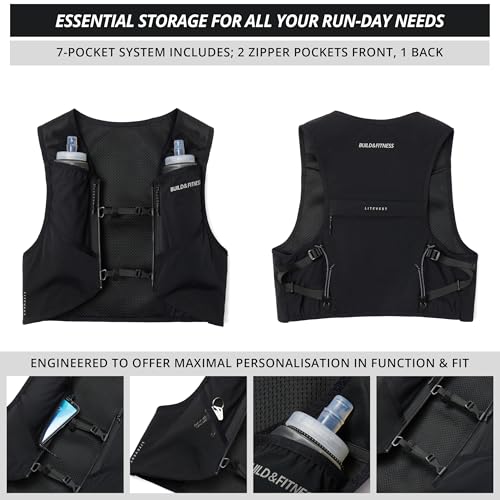Build & Fitness LITEVEST Running Vest with 2X 500ml Soft Flasks – 7 Pockets, Lightweight, Breathable Hydration Vest – Premium, Secure, Comfort & Style for Training, Trails, Marathons & Everyday Runs - size: L / XL