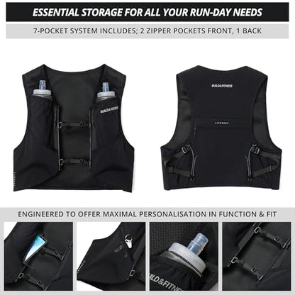 Build & Fitness LITEVEST Running Vest with 2X 500ml Soft Flasks – 7 Pockets, Lightweight, Breathable Hydration Vest – Premium, Secure, Comfort & Style for Training, Trails, Marathons & Everyday Runs - size: L / XL