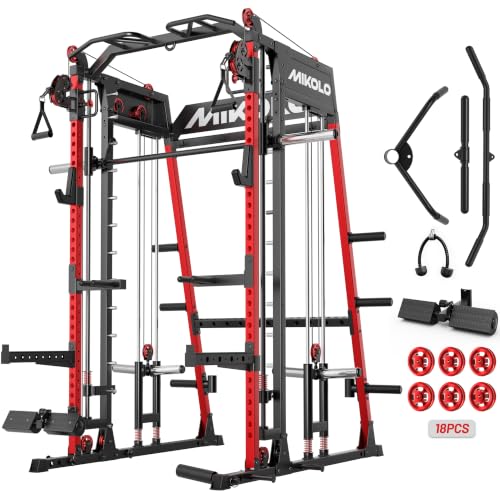 Mikolo M4 2.0 Smith Machine, 2200lbs Squat Rack with LAT-Pull Down System & Cable Crossover Machine, Training Equipment with Leg Hold-Down Attachment - color: Red, size: M4 2.0 Ultra