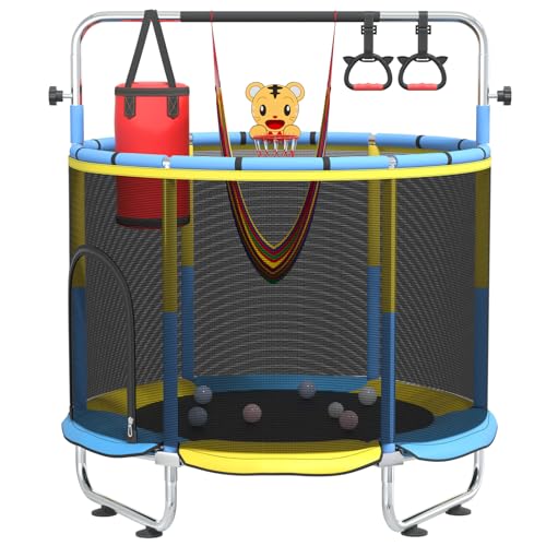 60" Indoor Trampoline for Kids with Safety Net, 440lbs Small Outdoor Kids Trampoline with Swing, Adjustable Gym Bar and Basketball Hoop, Fun & Active Play for Boys and Girls, Yellowishblue