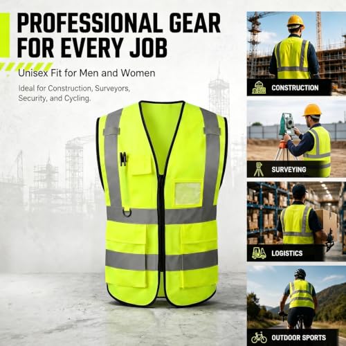 High Visibility Safety Vest with Reflective Strips & Pockets - color: Green, size: Medium