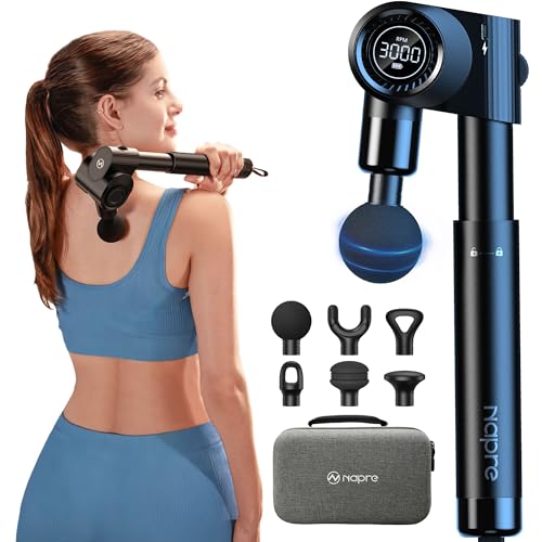 NAPRE Foldable Massage Gun with Extension Handle & 5 Adjustable Angles,Deep Tissue Back Massage for Neck/Body Pain Relief,Handheld Percussion Muscle Massager,32 Speeds,6 Heads & Silent,with Case - color: Eclipse Black