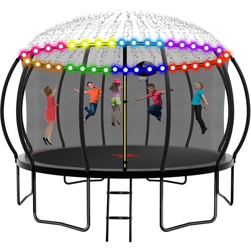 1500 LBS 8FT 12FT 14FT 16FT Trampoline for Kids and Adults, Outdoor Trampoline with Enclosure Net, Sprinkler, Water Ball, Large Trampoline with Lights with Music Speaker, Socks - ASTM Approved - color: Black 16FT