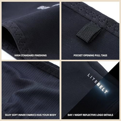 Build & Fitness LiteBelt Running Belt – 4 Quick Top-Access Pockets –Flip Waist Pack, Running Phone Holder – Fits All Size Phones, Keys, Cards, Earpods, GUs – for Men and Women (Black, M) - size: Medium