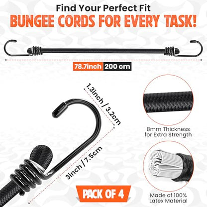Bungee Cords with Hooks - Latex Made Heavy Duty Weatherproof & UV - Resistant Elastic Bungee Straps (Black, 80 Inches - Pack of 4) - size: 80 Inches - Pack of 4