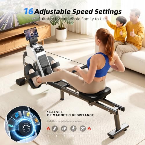 RAMXE Rowing Machine for Home，Magnetic Rowing Machine with 16 Levels，Rower Machine of Quiet Resistance，Foldable Exercise Equipment，Dual Slide Rail with Max 350lbs Weight Capacity，App Compatible