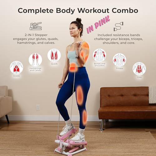 Sunny Health & Fitness Mini Stair Stepper w/Resistance Bands for Home Gym - color: Pink