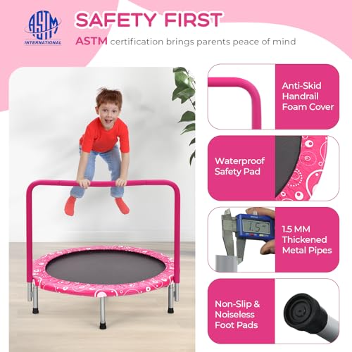 GYMAX Indoor Trampoline, 36” ASTM Approved Kids Trampoline with Removable Handrails & Safety Pad, Spring-Free Folding Mini Rebounder, Small Fitness Trampoline for Toddler/Adults - color: Pink