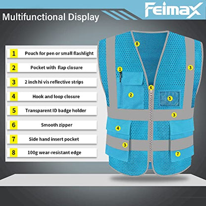 FEimaX High Visibility Safety Vest Mesh Work Vests with Reflective Strips - color: Azure, size: Large