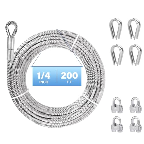 1/4 Stainless Steel 200ft 304 Aircraft Cable with 6400lbs Tensile Strength, 7x19 Strands Wire Rope with Stainless Cable Clamps & Thimble, Perfect for Yard Zipline, Boat Lifts - size: 200FT