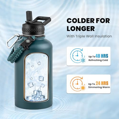 RAYMYLO Insulated Water Bottle 64 oz, Triple Wall Vacuum Stainless Steel - color: Dark Green, size: 64 Ounces