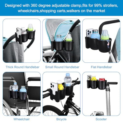 Accmor Stroller Cup Holder with Phone Holder, Bike Cup Holder, Universal Cup Holder for Uppababy Nuna Strollers, 2-in-1 Drinks Holder for Walker, Wheelchair, Scooter - color: Double Holder-All Black Texture
