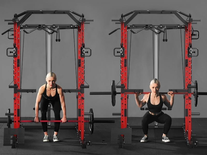 Mikolo Power Cage, Power Rack with Cable Crossover System, 1500LBS Squat Rack with LAT Pull Down System, Workout Cage with Pulley System for Fitness Home Gym - color: Red, style: K6 Ultra (Aluminum Pulley)