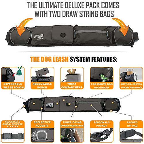 TAKSIN The Ultimate Hands Free Two Dogs Double Leash System for Walking Running Hiking Training, Reflective Bungee Leash, Treat Holder, Poop Bag Dispenser Small Medium Large Dogs (Grey Deluxe Pack) - color: Grey, size: Two Dogs