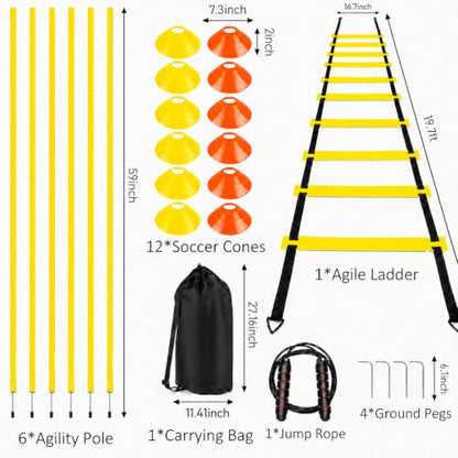 20Ft Agility Ladder Training Equipment for Soccer 12 Cones, Solo Soccer Trainer, Jump Rope Speed Football Gifts for boy