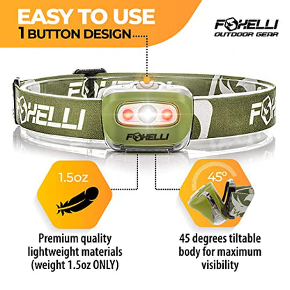 Foxelli LED Headlamp Flashlight for Adults & Kids, Running, Camping, Hiking Head Lamp with White & Red Light, Comfortable Headband, Lightweight & Waterproof, 3 AAA Batteries - color: 1-Pack Khaki
