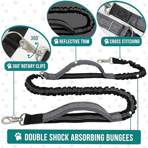 PetAmi Hands Free Dog Leash Belt Bag for Walking, Jogging - Double Zipper Pouch with Poop Bag Dispenser, Dual Padded Handles Reflective Bungee Leash, Single (Navy) - color: Navy, size: 1 Leash