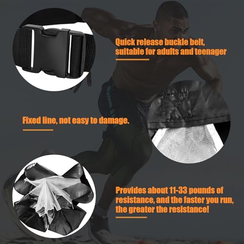 Running Parachute for Speed Training, 56 inch Resistance Parachute for Athletes, Sprinting & Football Training Equipment with Adjustable Waist Belt, Drag Chute to Improve Velocity & Explosive Power - color: Black-Buckle