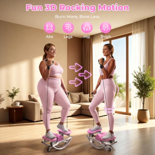 Rocking Stepper with Resistance Bands, 3D Side-to-Side Motion Mini Stepper for Women Home Workout, Low Impact Lateral Step Machine with Non-Slip Mat and Digital Counter, 250lbs Capacity