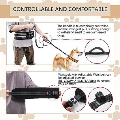 Hands-Free Waist Leash with Pouch for Two Dogs: Reflective Stitching, Dual Handle & Bungee Retractable Design – Ideal for Medium to Large Dogs (Grey) – Dog Walking Accessories - color: Grey