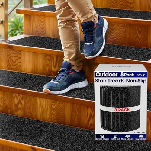 Outdoor Stair Treads Non Slip – 30" x 8" – 8-Pack Waterproof 80-Grit Grip Strips for Wooden Steps – Anti Slip & Anti Skid Step Treads – by STEPCORE - color: Black - Outdoor, size: 8" x 30" x 8 Pack